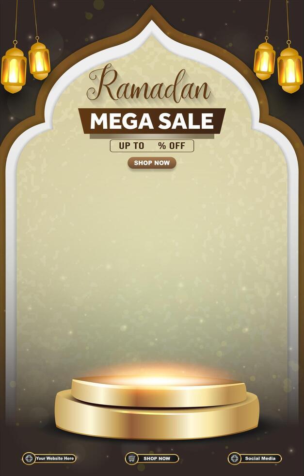 ramadan mega sale discount template banner with 3d podium for product sale with brown background design vector