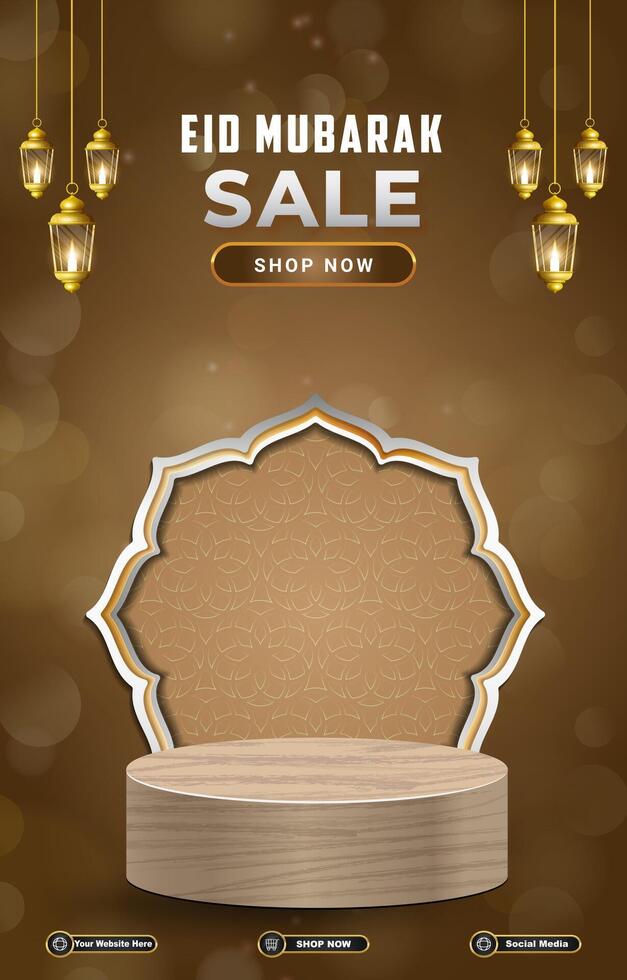 eid sale discount template banner with 3d podium for product sale with brown background design vector