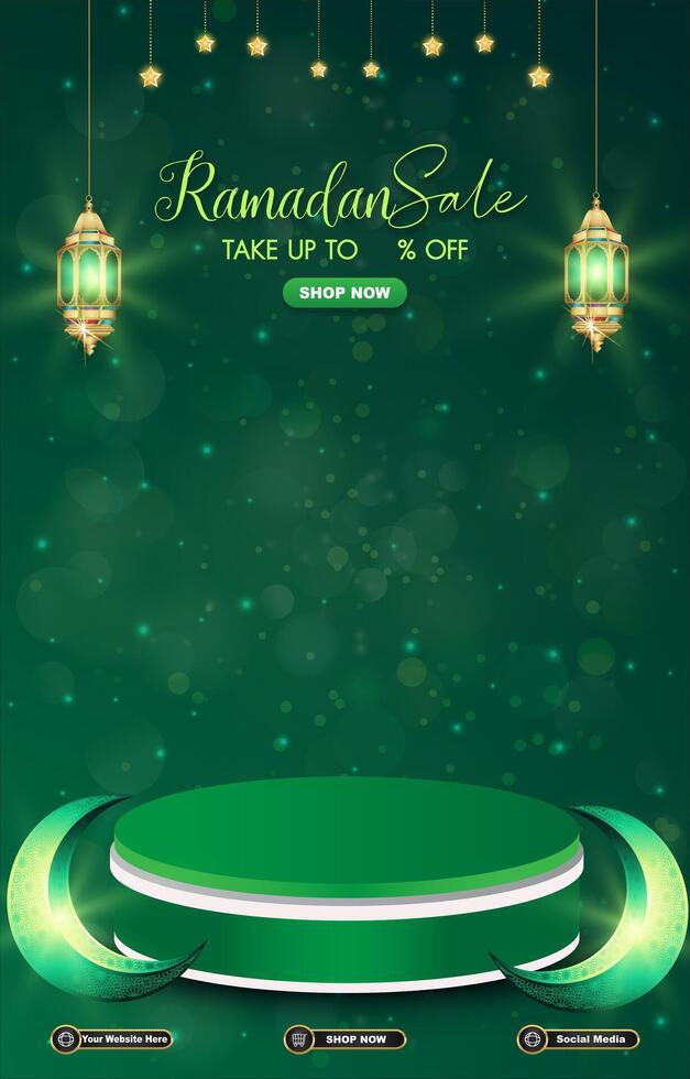 ramadan sale discount template banner with 3d podium for product sale with green background design vector