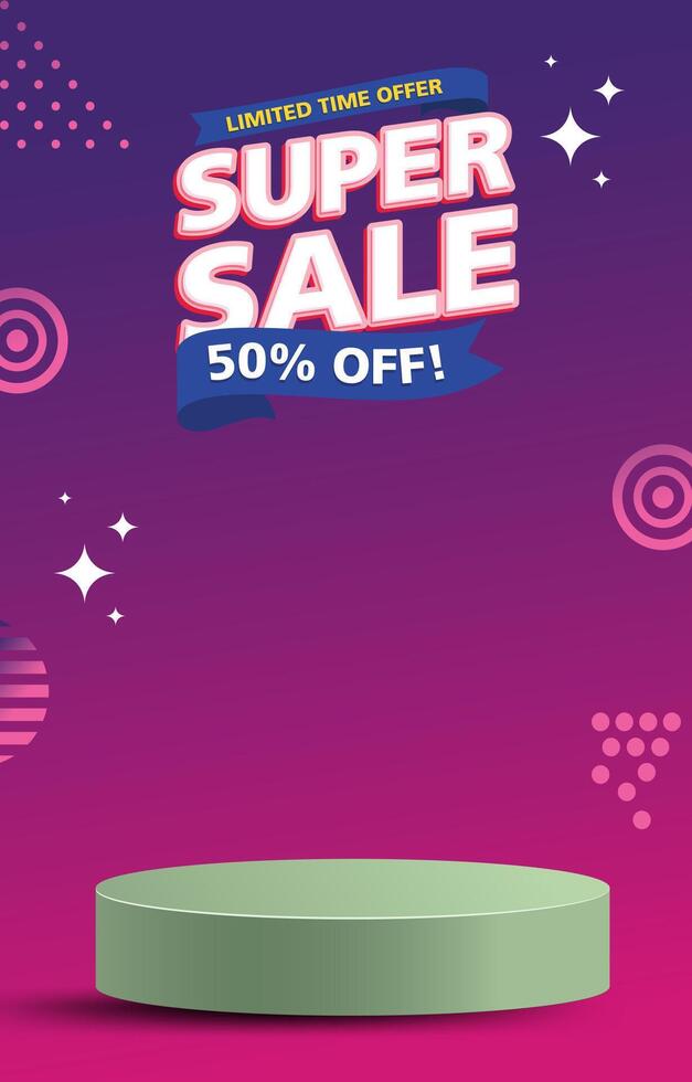 limited super sale discount template banner with 3d podium for product sale social media with abstract gradient purple background design vector