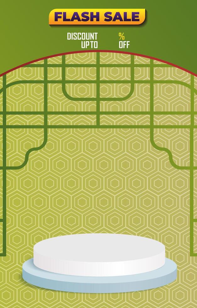 flash sale discount portait template banner with blank space 3d podium for social media feed product sale with abstract gradient green and yellow background design vector