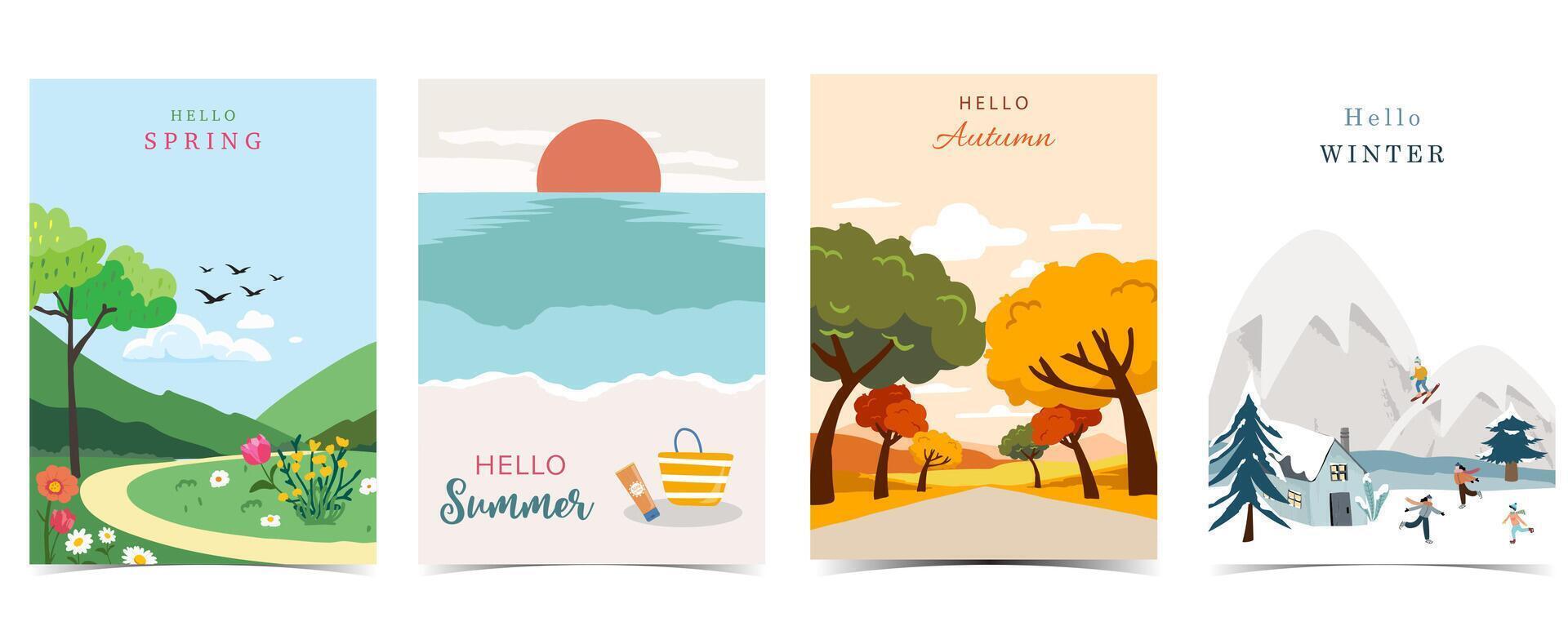 Four season holiday landscape background with mountain and tree vector