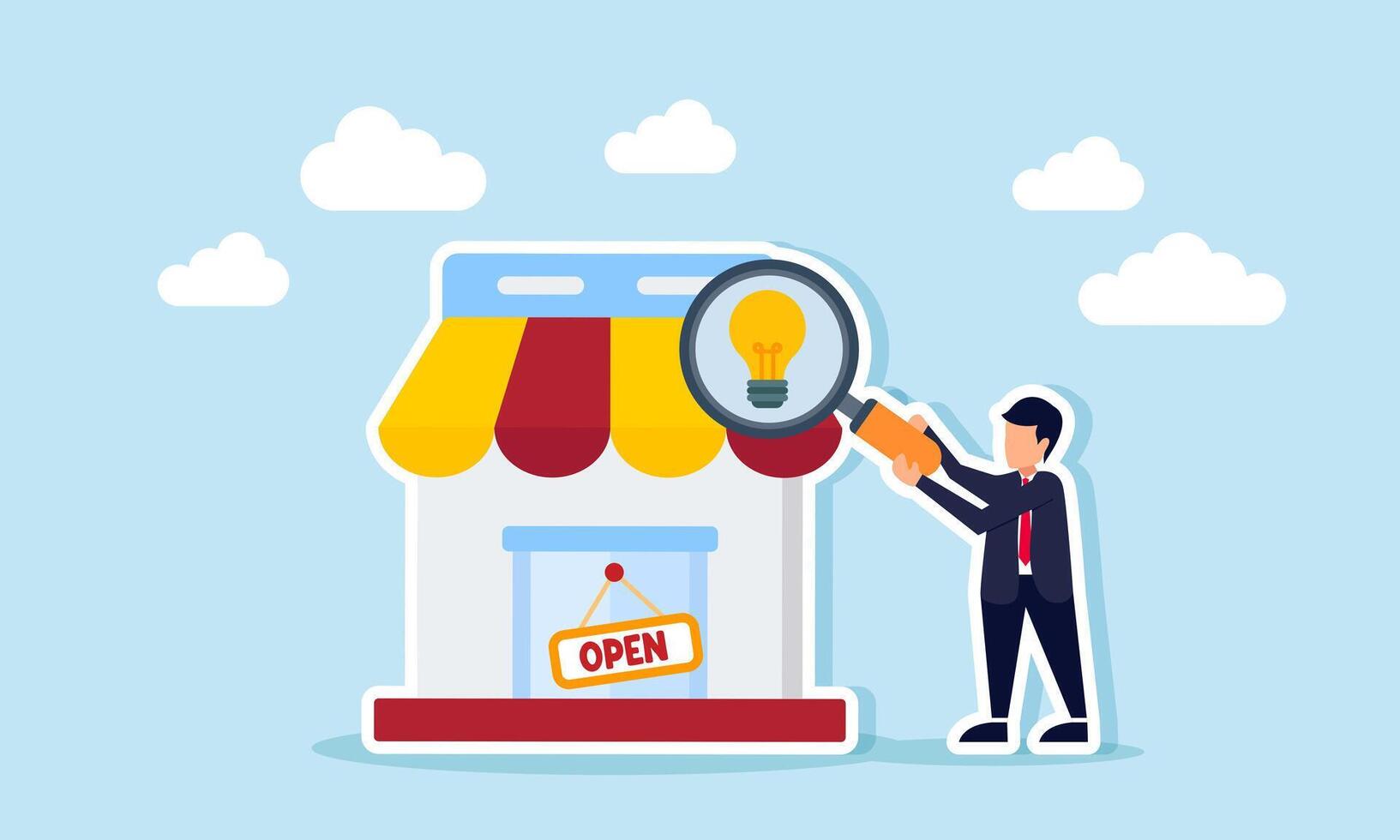 A businessman observes a store using a magnifying glass labeled with a lamp, illustration of evaluating and analyzing idea implementation to improve business performance vector