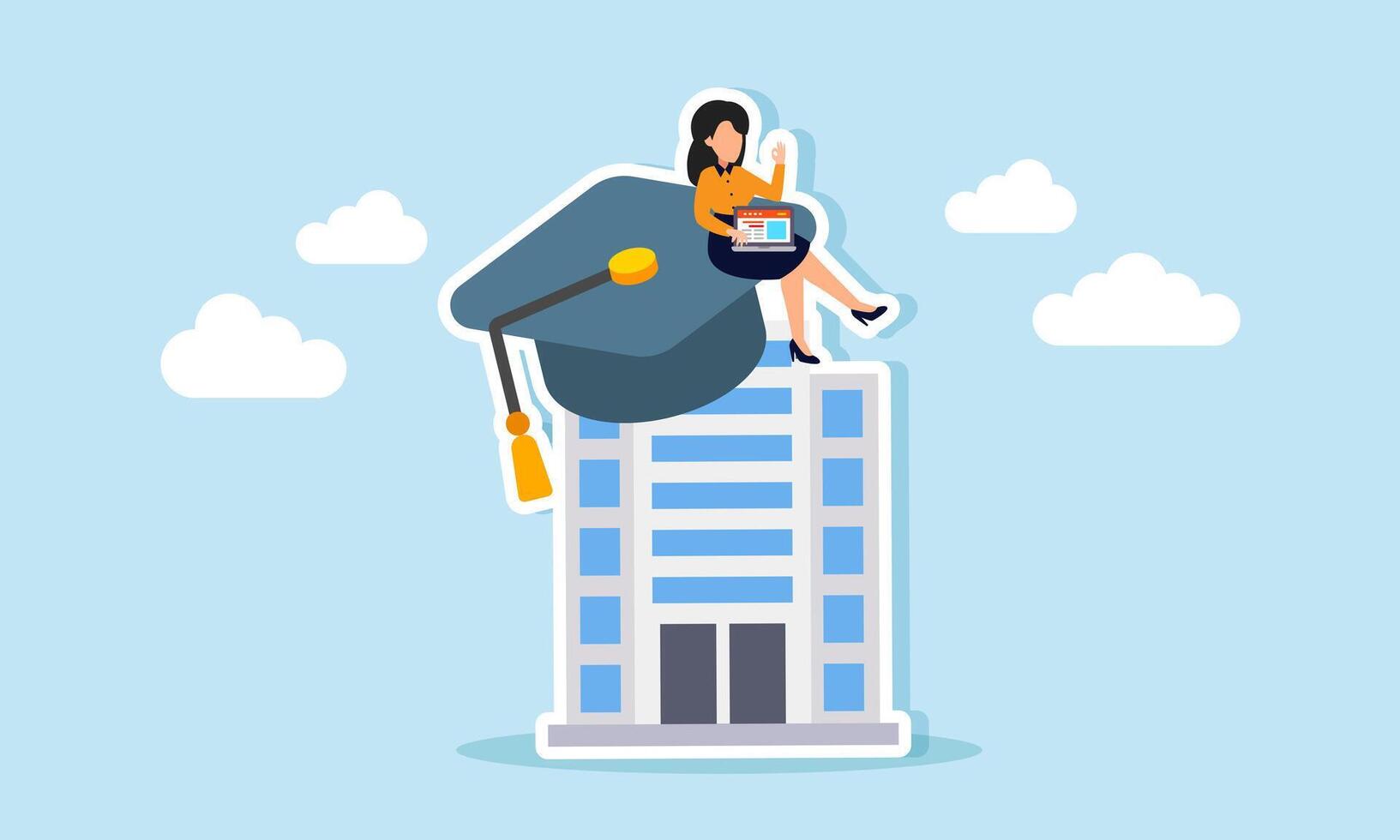 A businesswoman with a laptop sits on a graduation cap placed on a company building, illustration of completing company business data recap vector