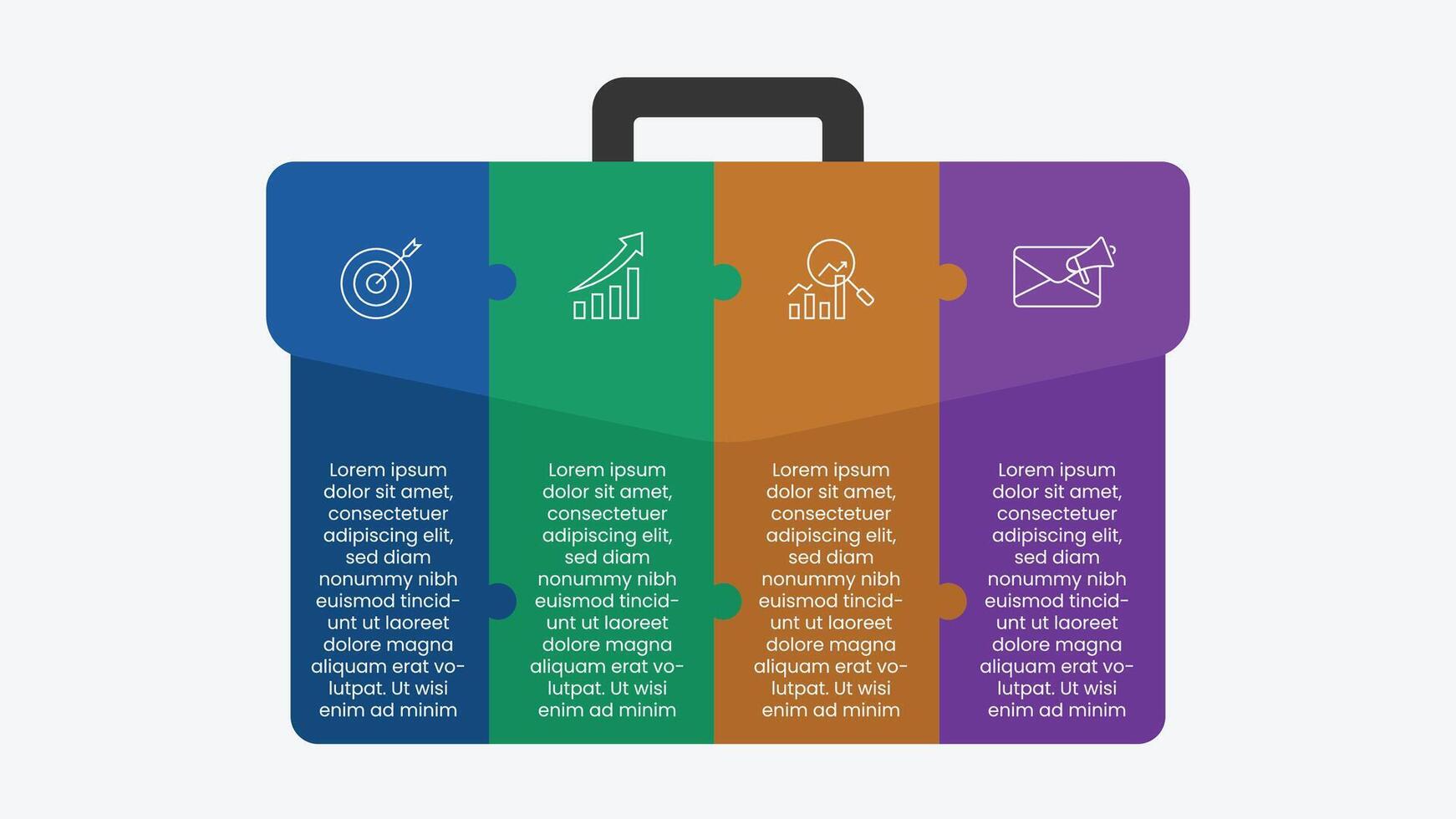 Creative infographic template with briefcase illustration. 4 options business step with icons. Modern presentation template for pitch deck. vector