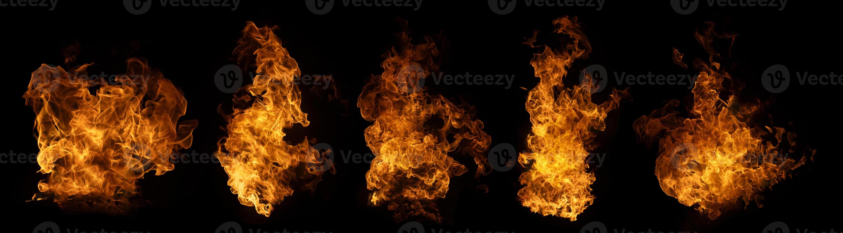 The set of fire and burning flame isolate on dark background for graphic design photo