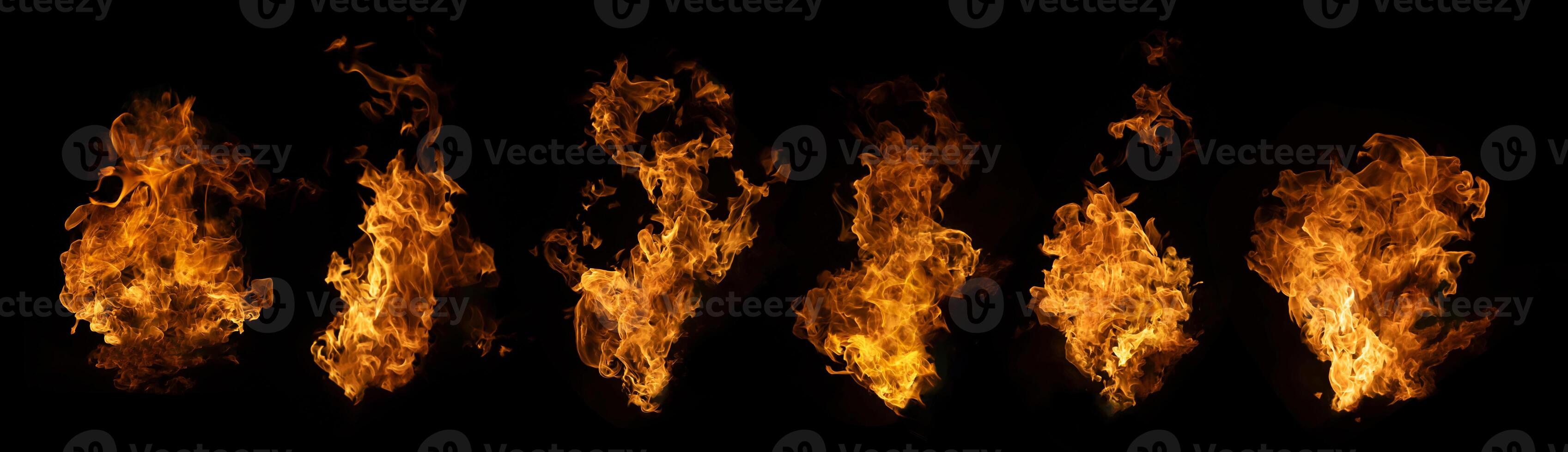 Set of fire and burning flame isolated on dark background for graphic design photo