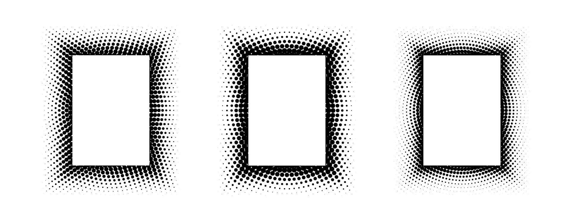 Black halftone rectangle frame set. Dotted gradient border collection. Pop art comic dots picture holder design for banner template, copy space, emblem, poster. Rasterized framing element back vector