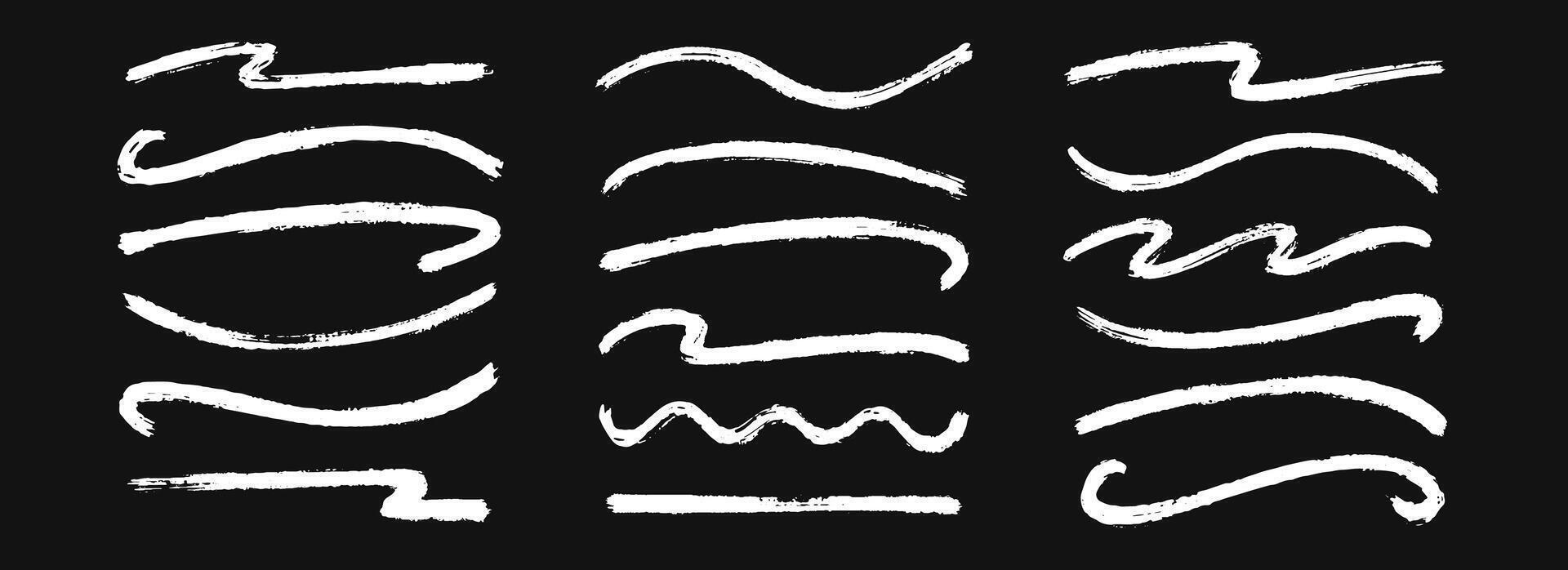 Hand drawn chalk wavy, zigzag straight line collection. White pastel squiggle underline stroke set. Crayon wave brushstroke bundles. Sketch marks and highlights for divide, separate, emphasis vector