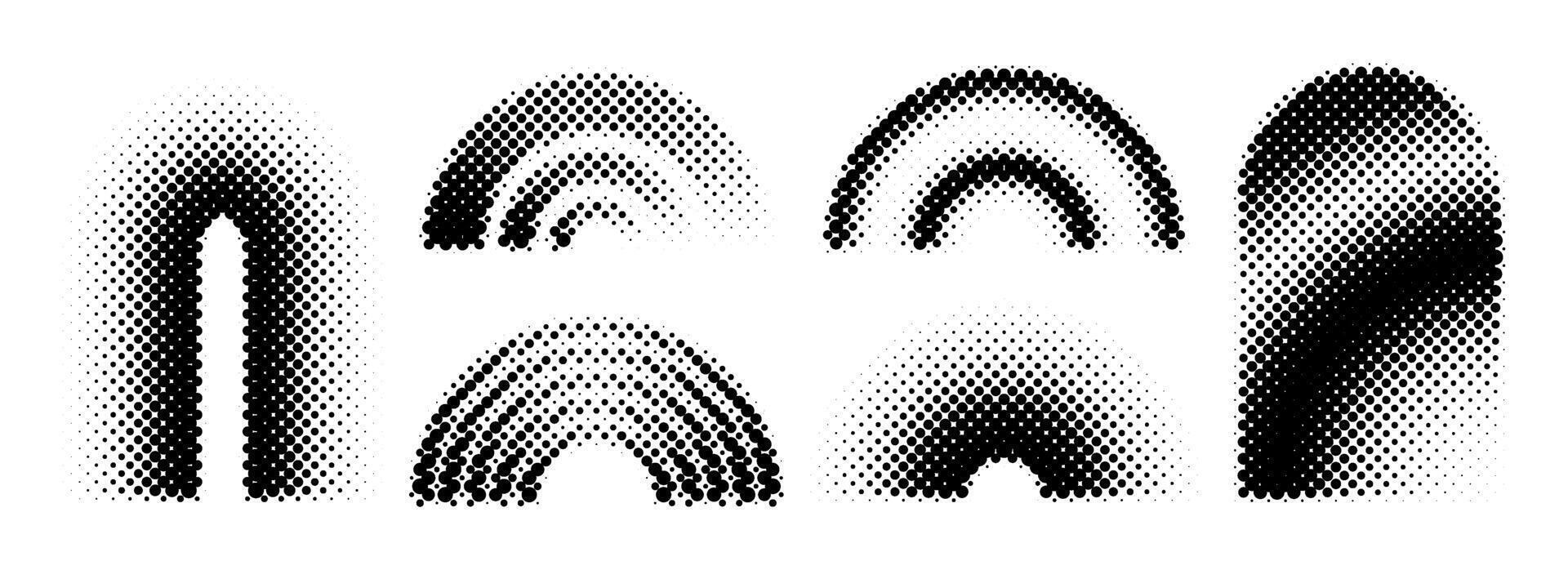 Black halftone arch collection. Pixel 8 bit gradient arc set. Dotted pop art curve element bundle for collage, graphic design template, banner, poster, flyer. Comic halftone bitmap pack vector