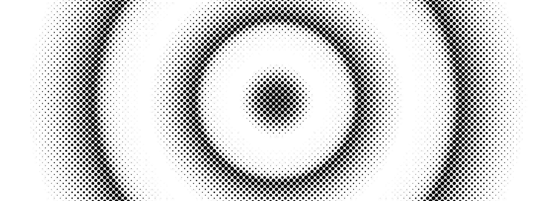 Halftone concentric circle background. Dotted circular gradient. Radial fading comic texture. Black and white rough gritty wallpaper. Grunge round pop art backdrop. Dot line epicenter concept vector