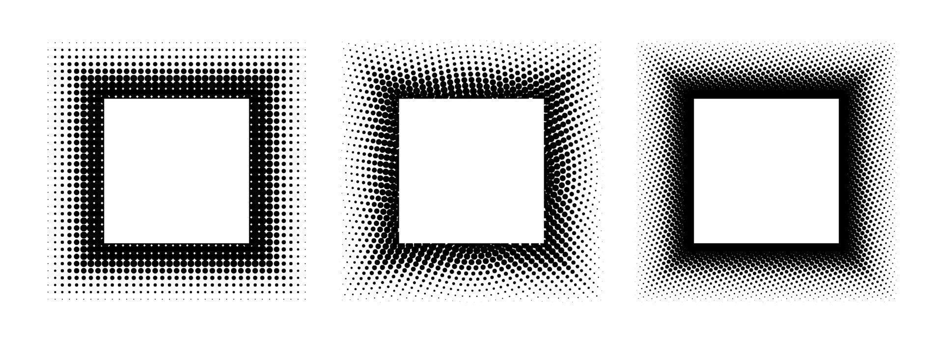 Black halftone square frame set. Dotted gradient border collection. Pop art comic dot picture holder design for banner template, copy space, emblem, poster, box. Rasterized framing element pack vector