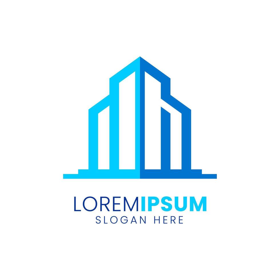 Real estate company logo with house building and city elements vector