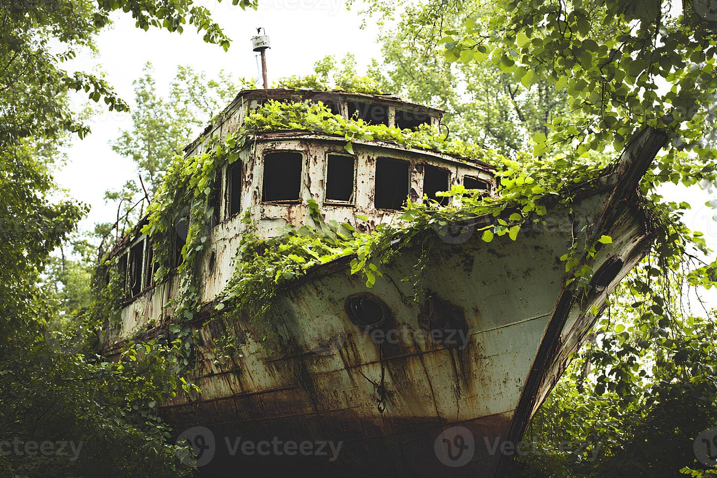 The wreck of an old ship, overtaken by nature, lies hidden in a dense forest. Ivy and vines cover the ship's weathered surface, blending it into the wild surroundings. photo