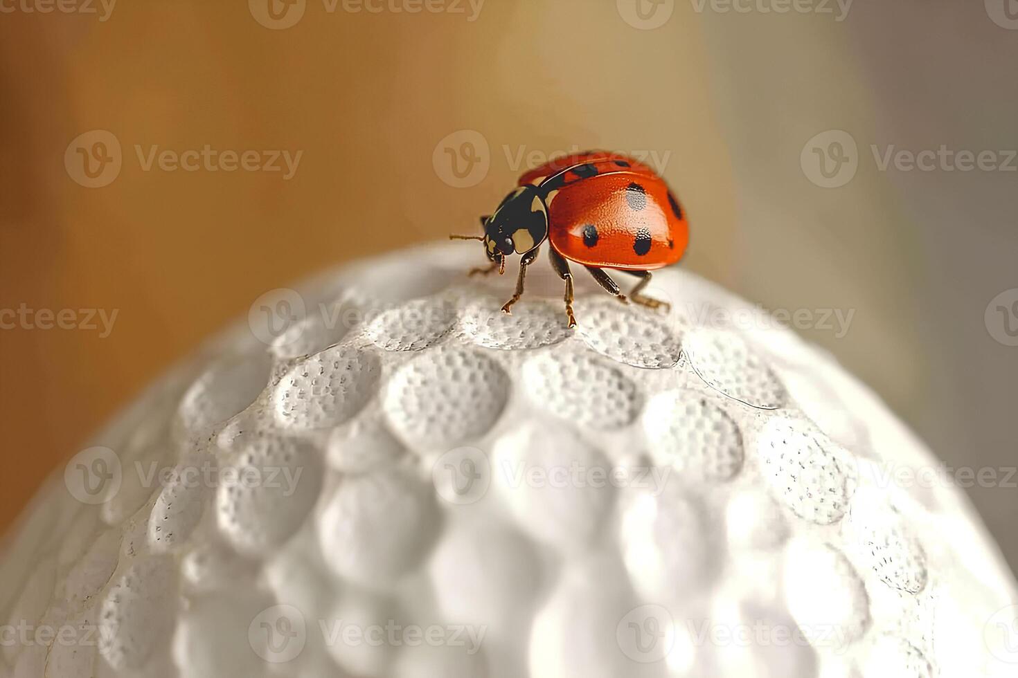 A detailed macro close-up of a ladybug resting on a golf ball, captured with a shallow depth of field. The intricate details of the ladybug and the texture of the golf ball stand photo