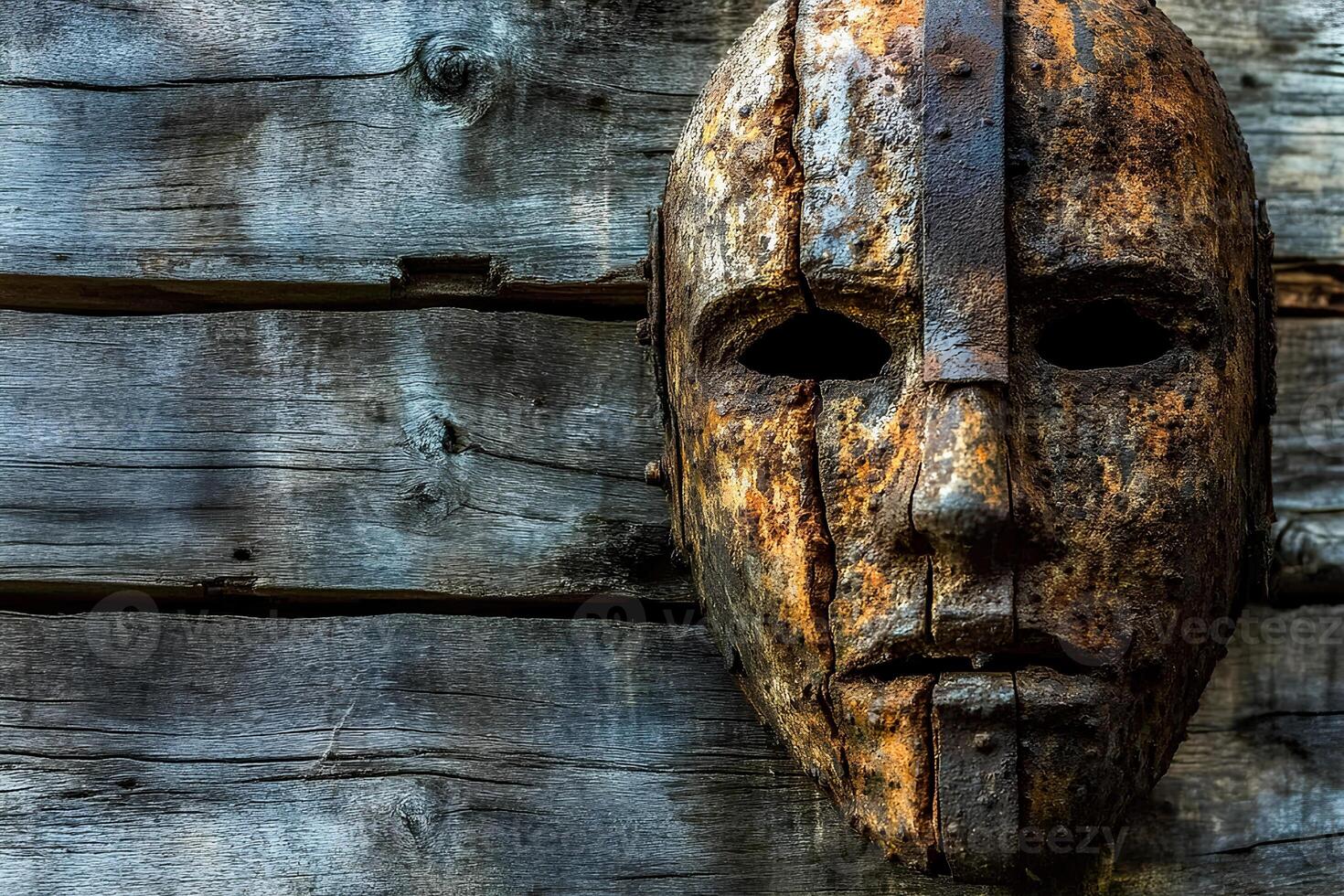 Close-up of an old, rusty mask hanging on a weathered wooden wall in a rustic village setting, with selective focus highlighting its worn details photo