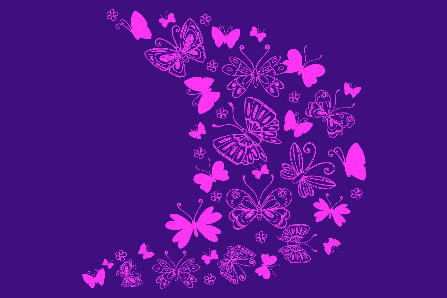 Hand Drawn Purple Butterflies. Butterfly silhouettes flying in a wave. Doodle insects and chamomile flowers. Elegant botanical design perfect for invitations, banners, web, prints, covers. vector