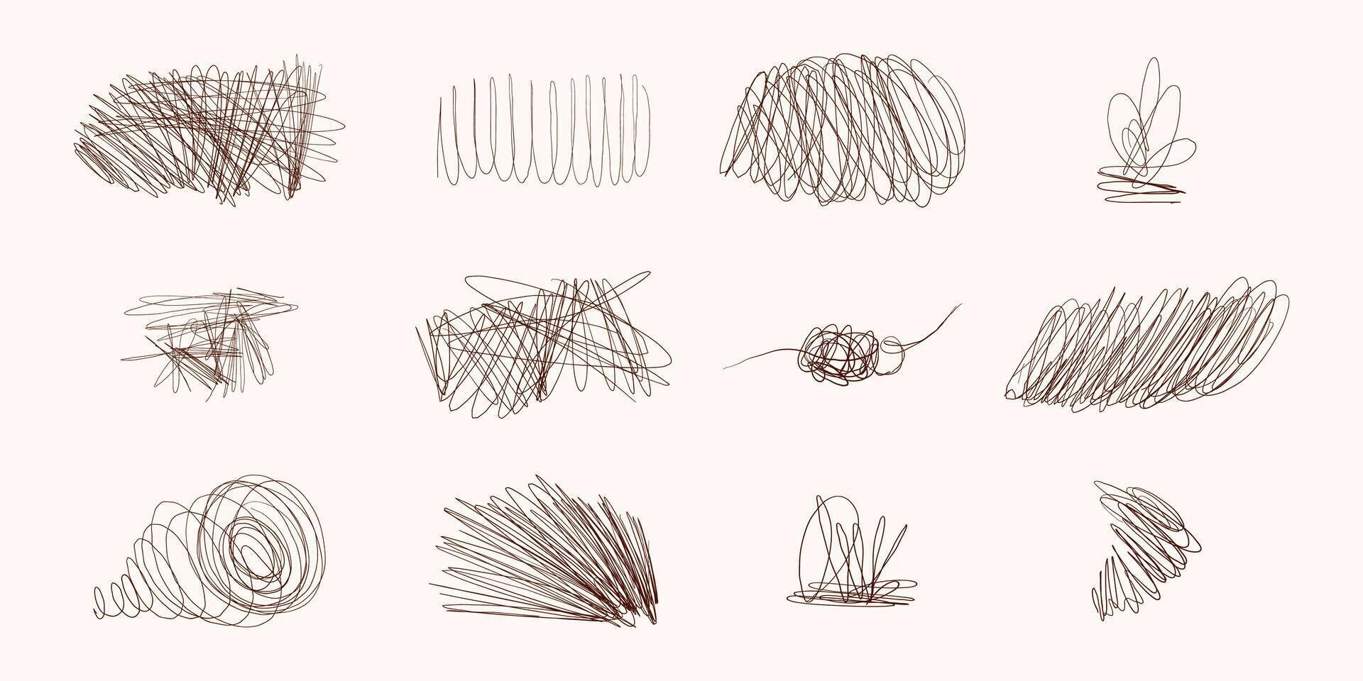 Retro Hand Drawn Scribble Line Hatching. Collection of chaos doodle brush lines with geometric shapes and subtle texture. Freehand messy and insane artistic scribbles vector