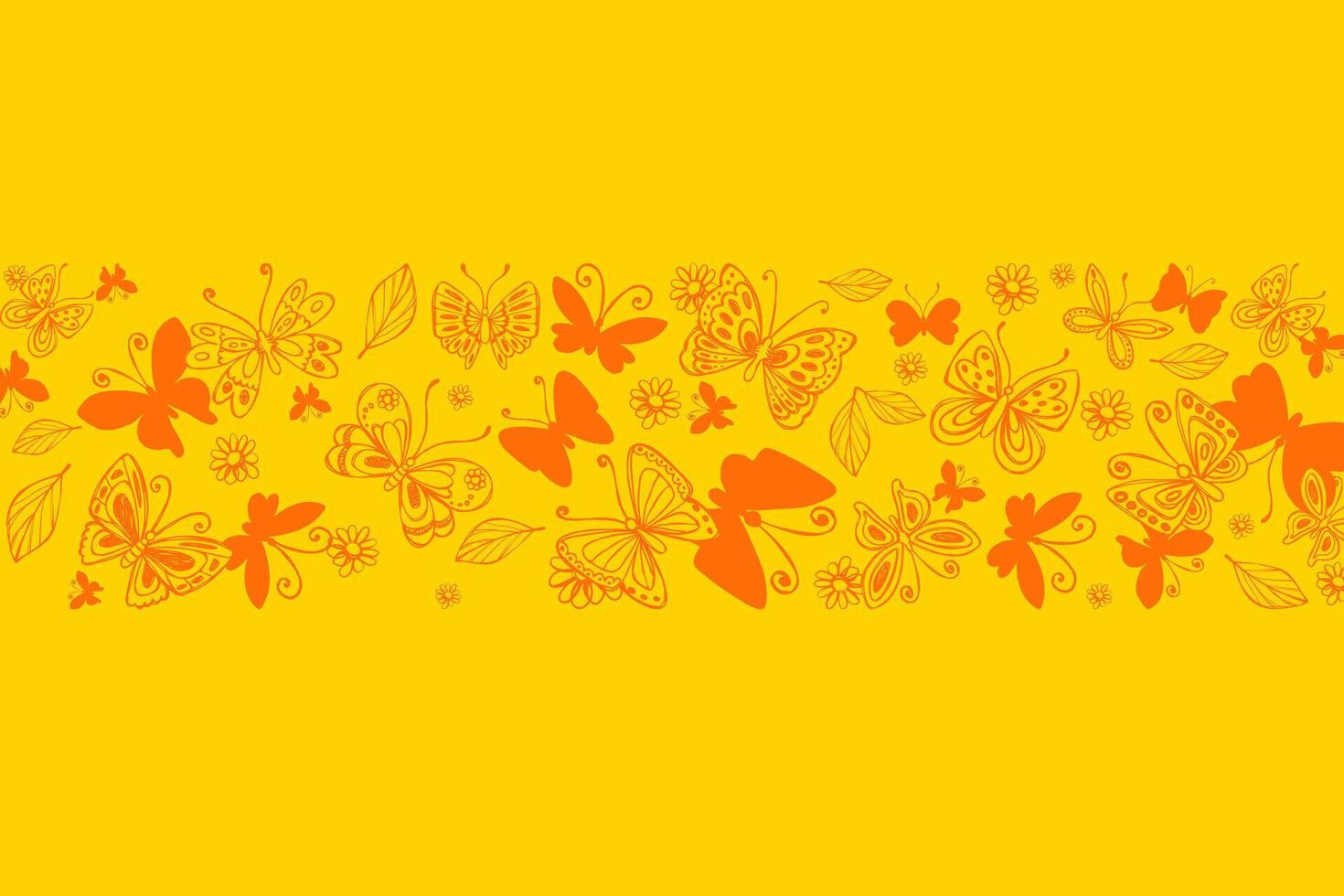 Spring and Summer Banner with Hand Drawn Orange Butterflies Isolated on Yellow Background. Butterfly silhouettes. Doodle insects and chamomile flowers. Elegant botanical design perfect for invitations vector