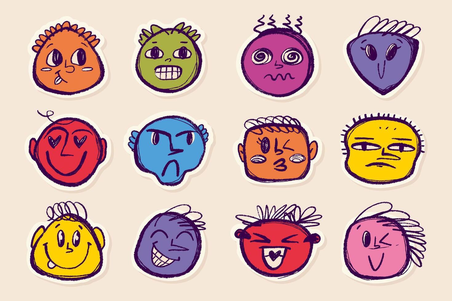 Stickers Hand Drawn with Pencil and Thin Lines with Subtle Grunge Texture. Doodle sketches of female and man avatars vector