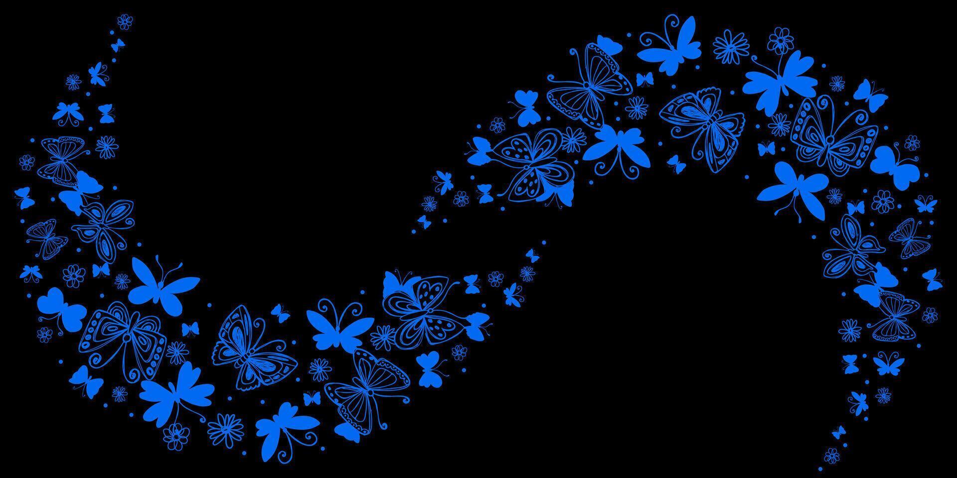 Blue Wave with Hand Drawn Butterflies Isolated on Black Background. Butterfly silhouettes. Doodle insects and chamomile flowers. Elegant botanical design perfect for invitations, banners, web, prints vector