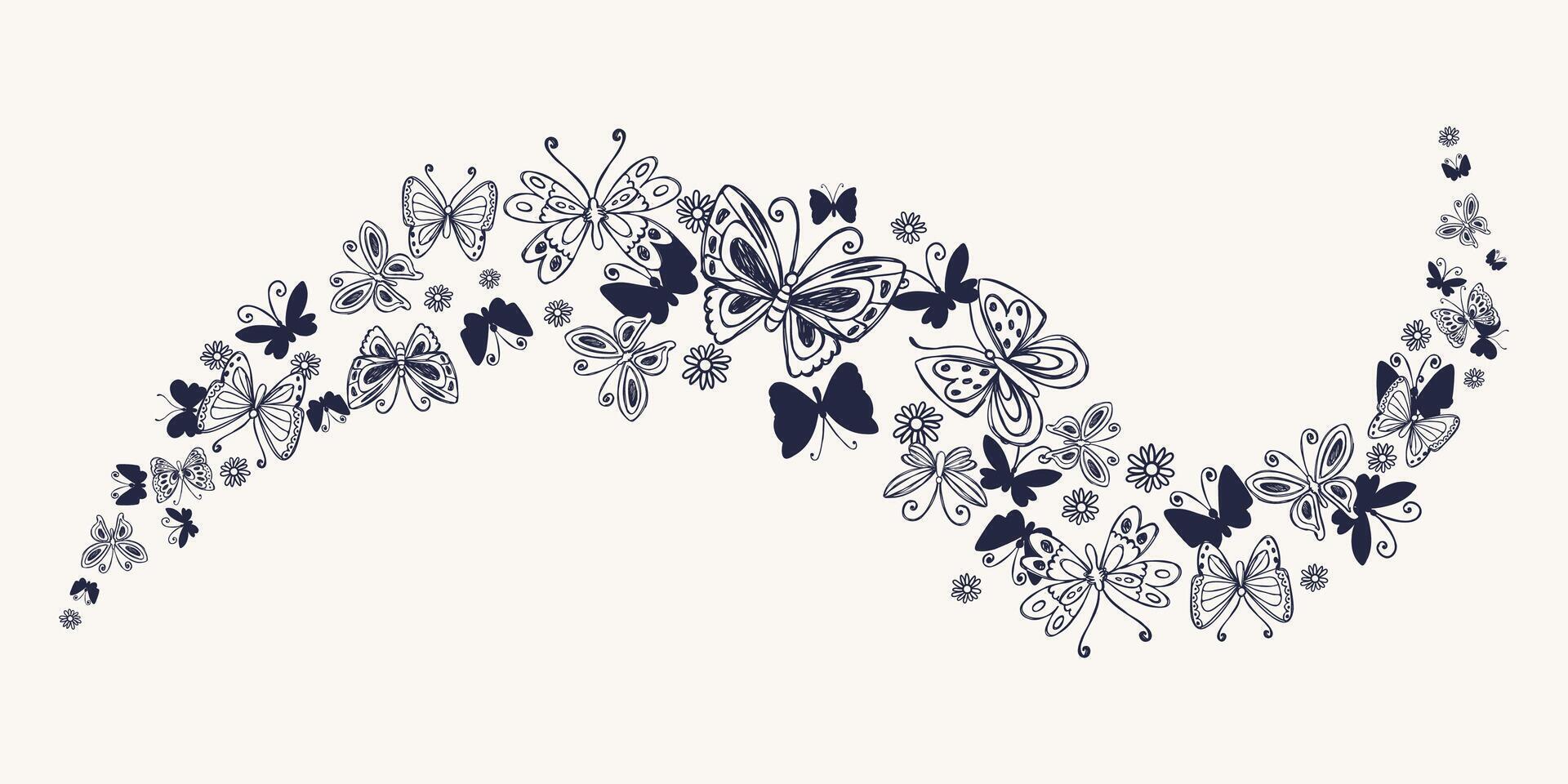 Black Retro Wave with Hand Drawn Butterflies and Cute Small Flowers. Butterfly silhouettes. Doodle insects and chamomile flowers. Elegant botanical design perfect for invitations, banners, web, prints vector