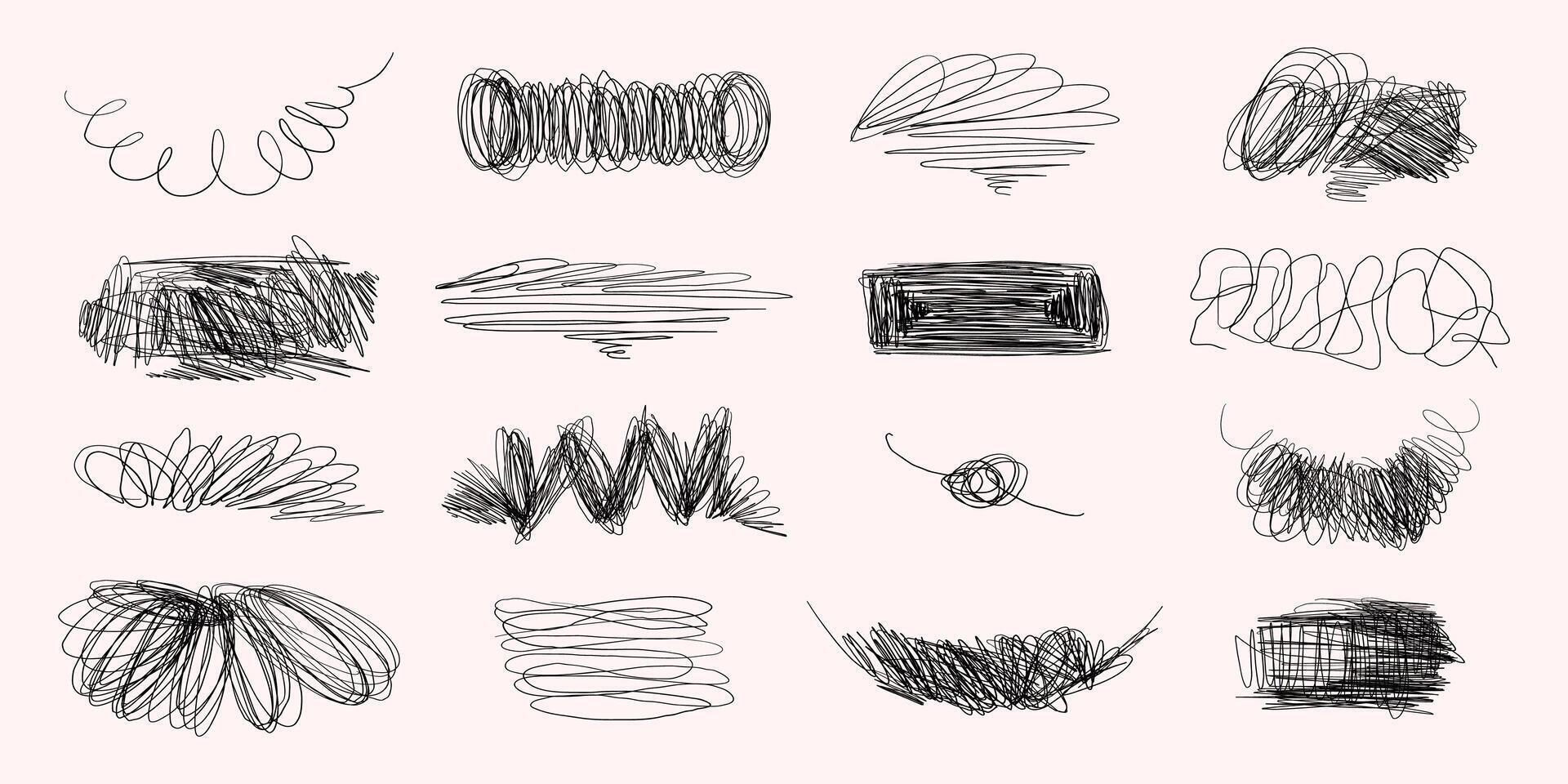Set of Hand Drawn Scribble Line Hatching. Chaos doodle brush lines with geometric shapes and subtle texture. Freehand messy and insane artistic scribbles vector