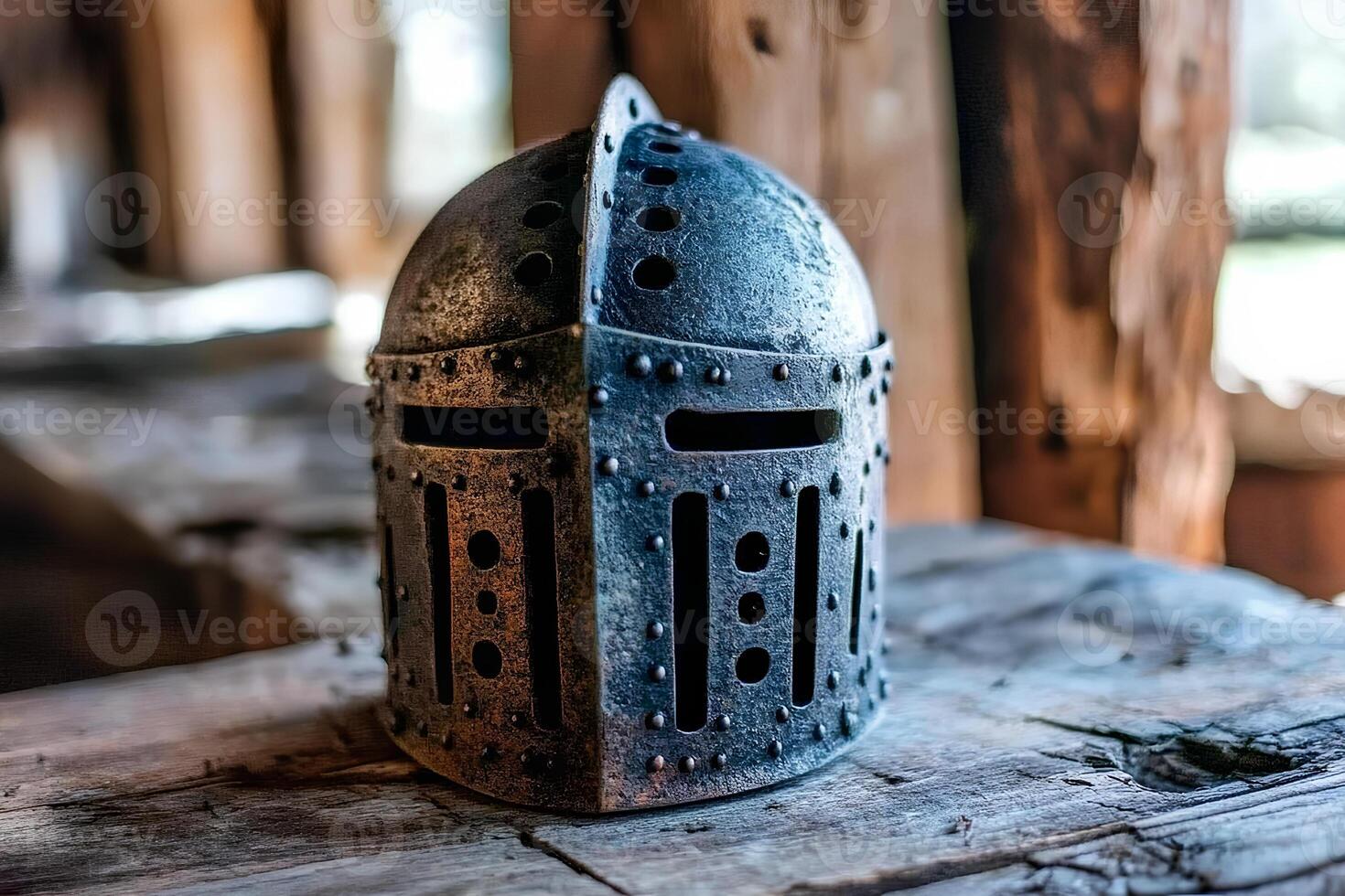 Close-up of a Viking helmet placed on a wooden table, representing the medieval period with intricate details and selective focus photo