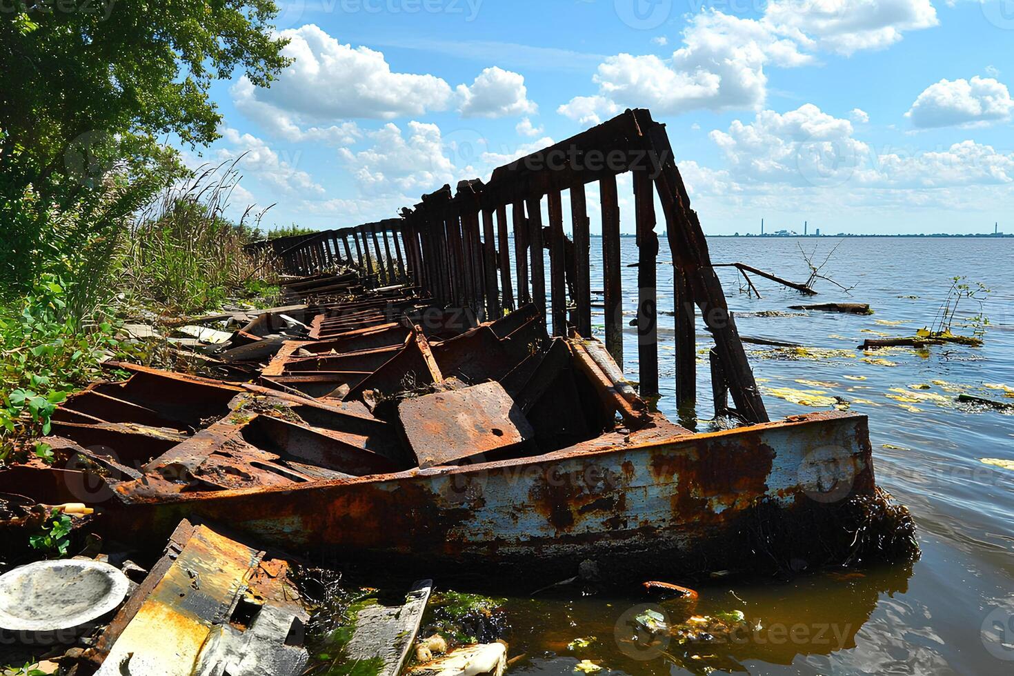 An old rusty shipwreck resting on the shore of a lake during the summer, surrounded by nature and reflecting a sense of history and abandonment photo
