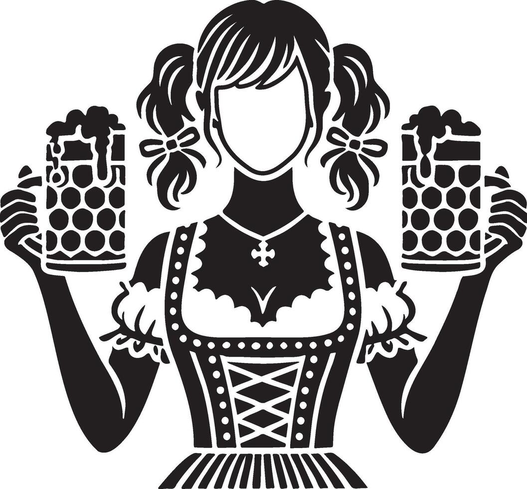 Oktoberfest Girl Wearing Dirndl Dress with Two Hands Holding Beer Mug Sketch Drawing. vector