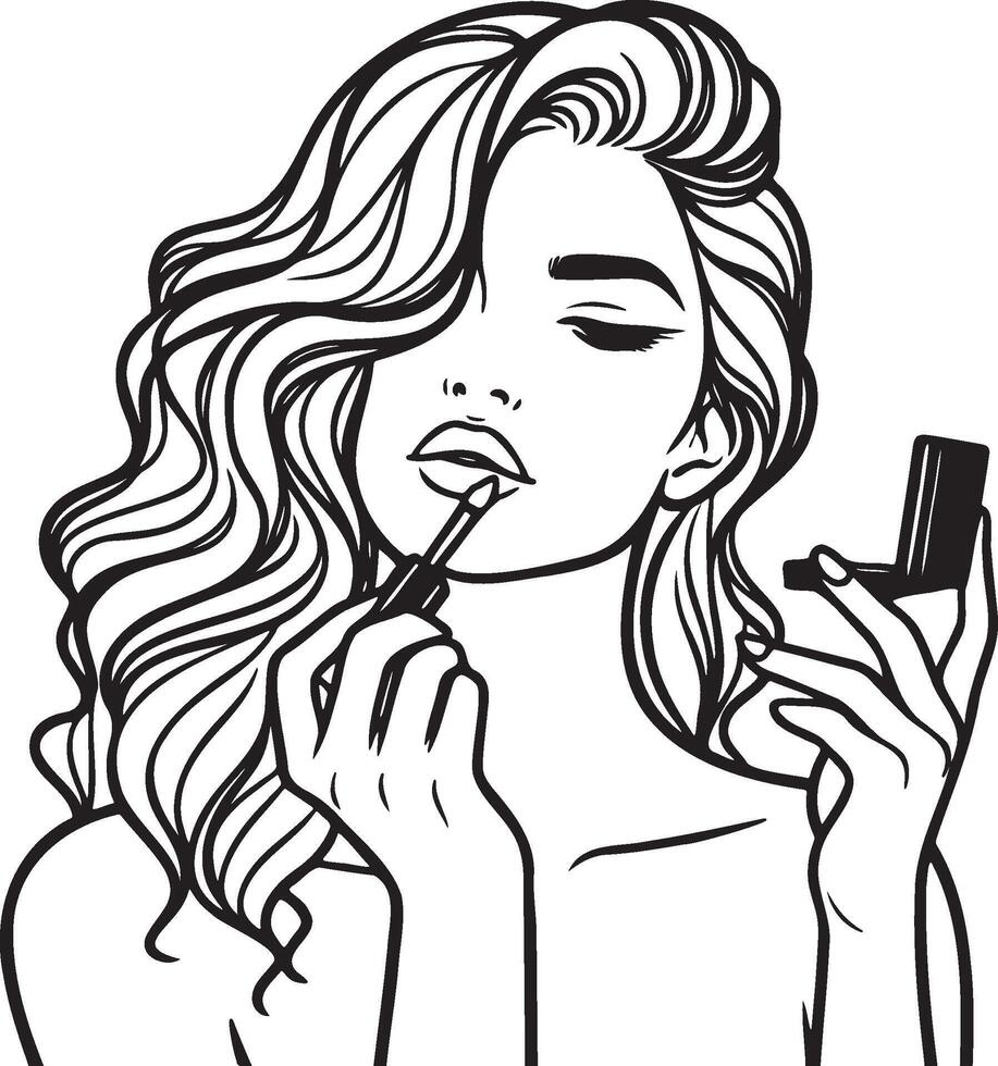 A Woman Apply Lipstick Line Art. vector