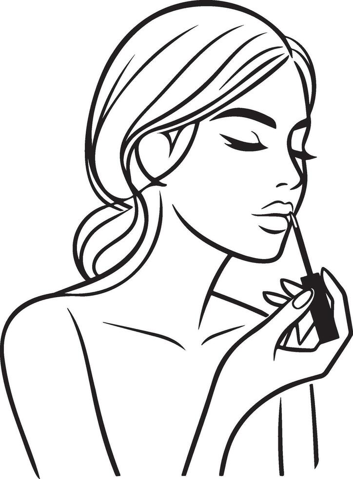 Woman Apply Lipstick Line Sketch. vector