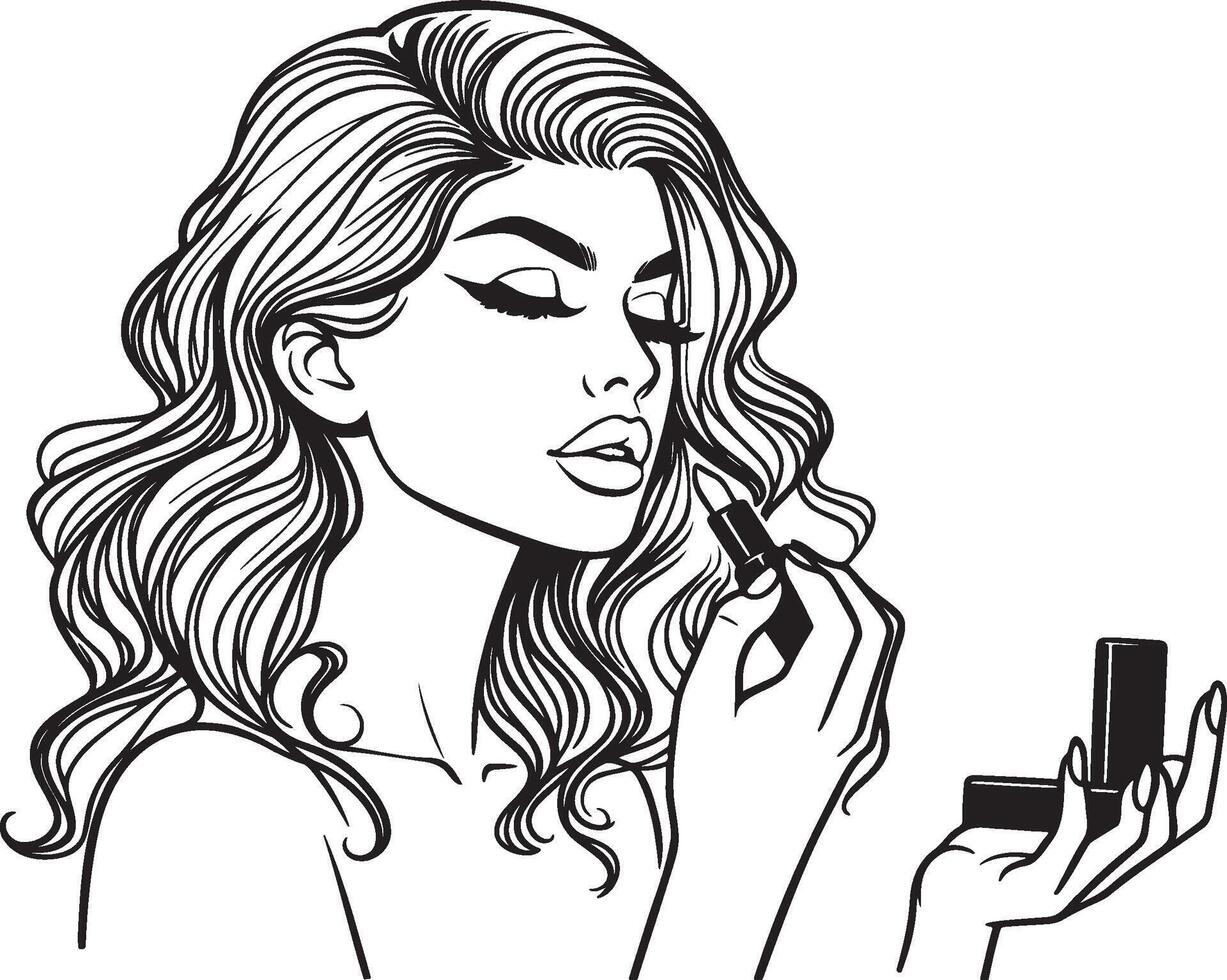 Woman Apply Lipstick Line Art. vector