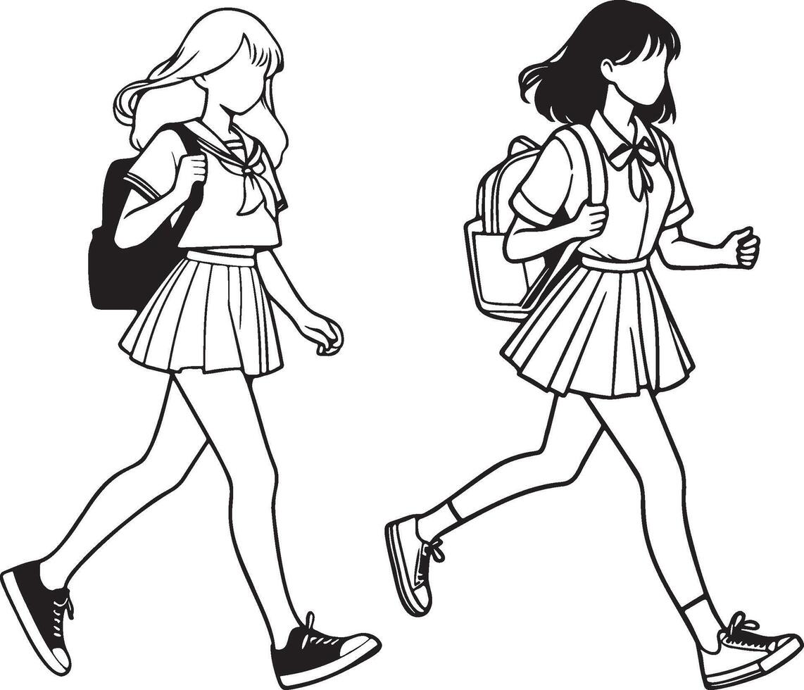 Two High School Female Students Running Illustration. vector