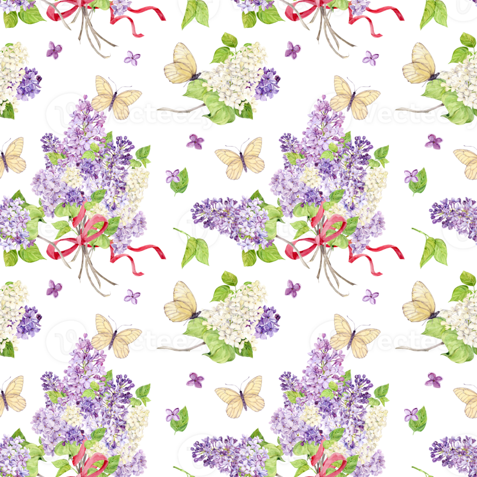 Seamless background with white and purple lilacs wrapped in pink silk ribbons. Watercolor spring flowers in botanical style. Hand drawing for printing on fabric, wrapping paper. png
