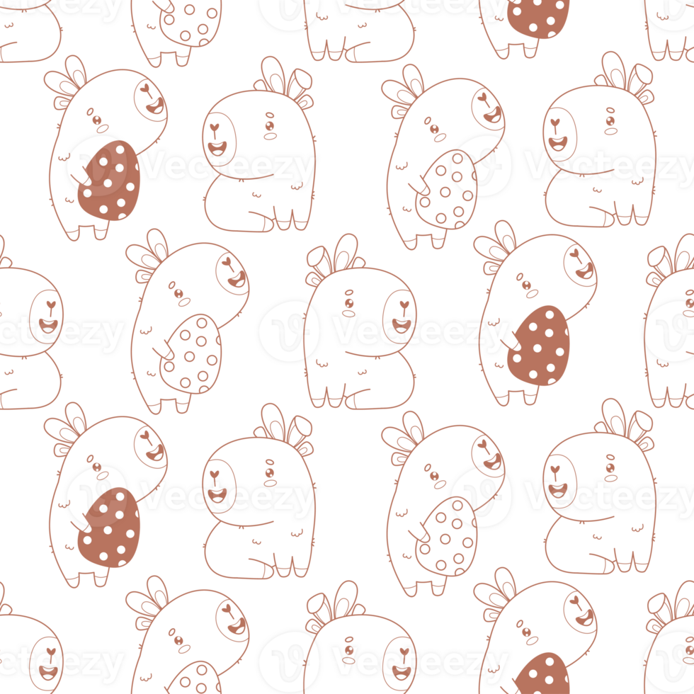 Outline Easter Seamless Pattern. Holiday Capybaras with Bunny Ears and Paschal Eggs . Line drawing png