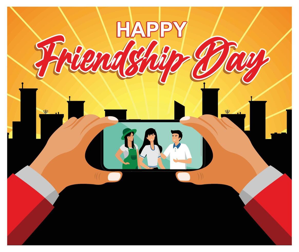 Group of three friends taking a photo with a smart phone vector
