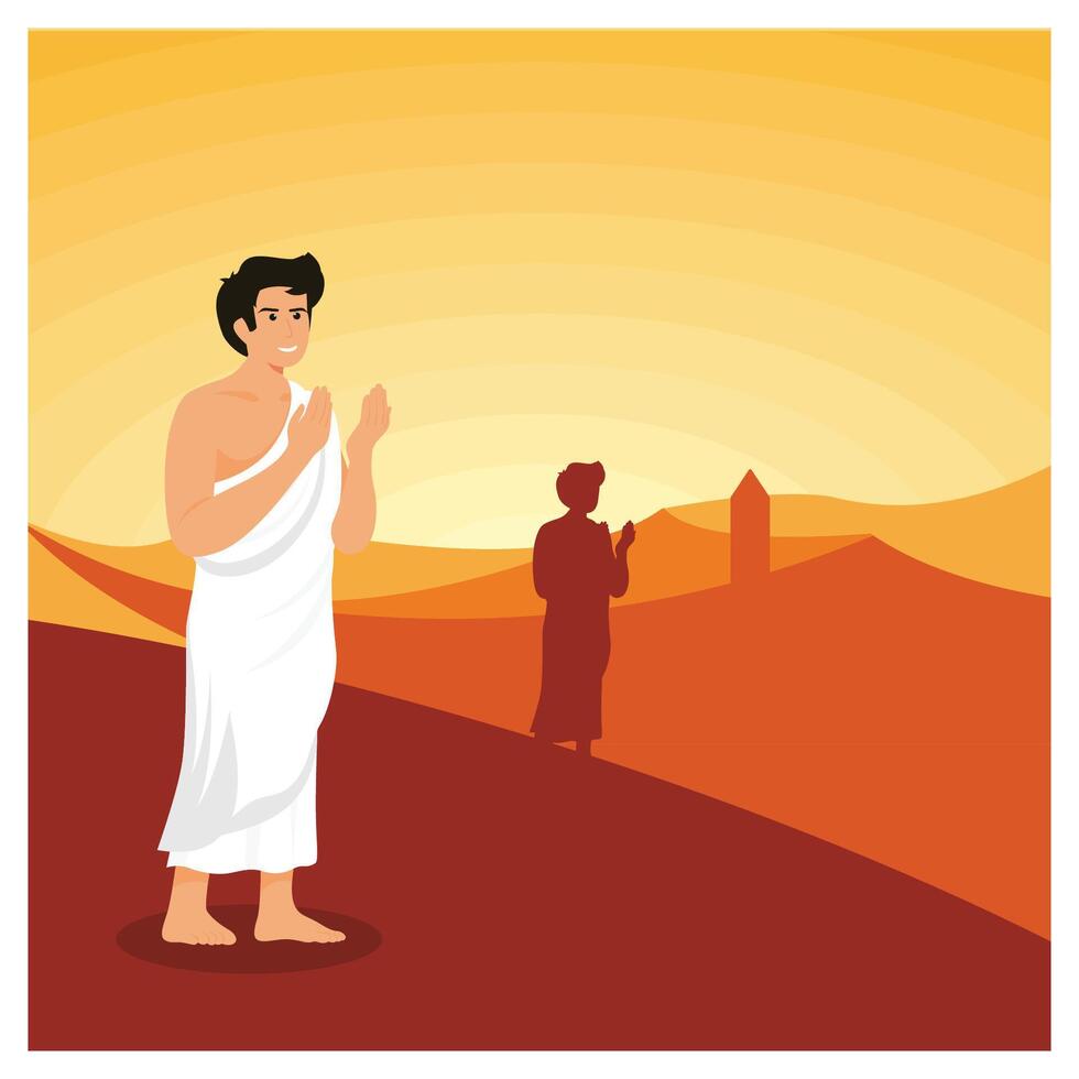 Depicting a person in traditional attire performing a prayer in a serene desert setting, with warm tones of sunrise or sunset emphasizing peace and spirituality. vector