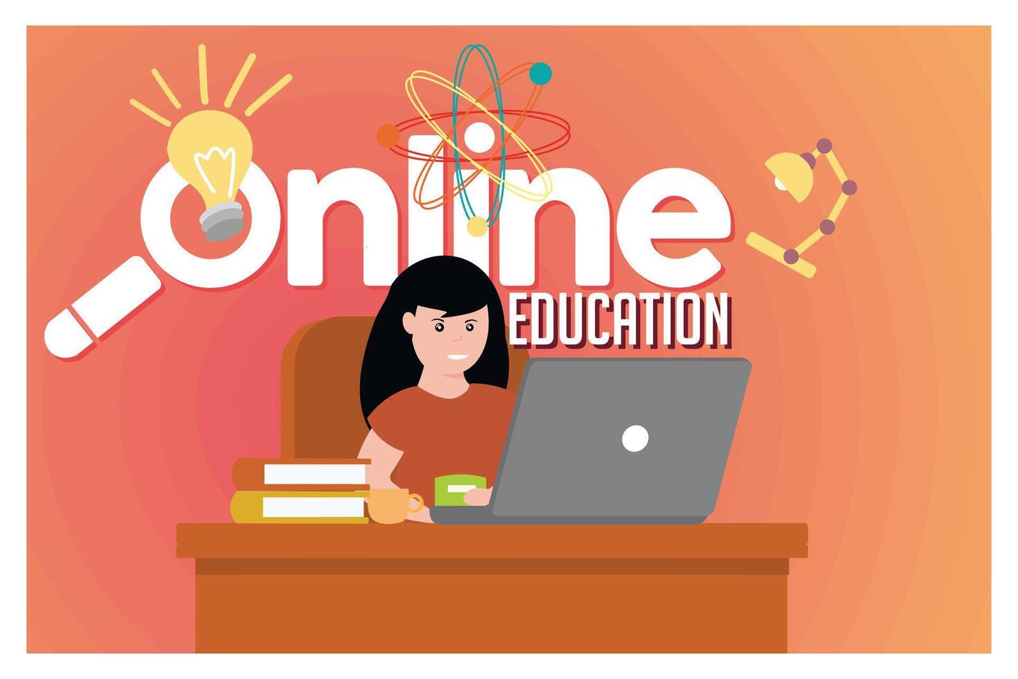 Female Student Using Laptop for Online Education. vector