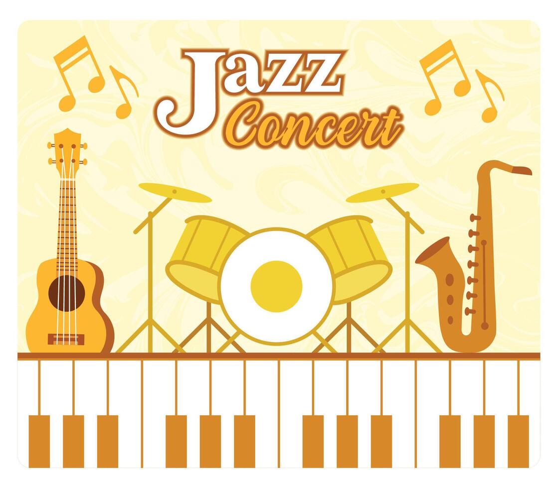 Colorful Jazz Concert with Musical Instruments and Notes on Piano. vector