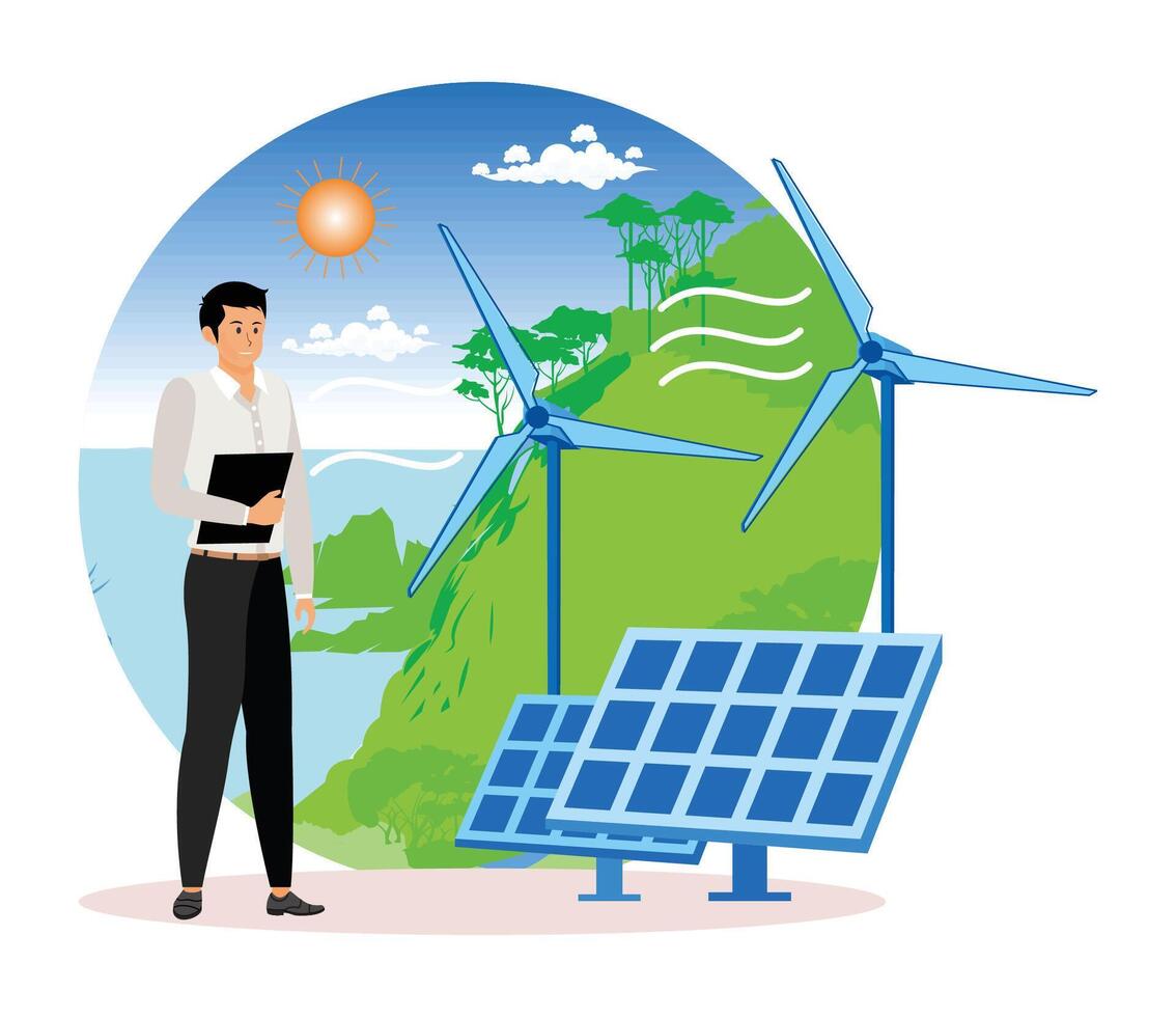 Renewable Energy Concept Featuring Solar Panels and Wind Turbines. vector