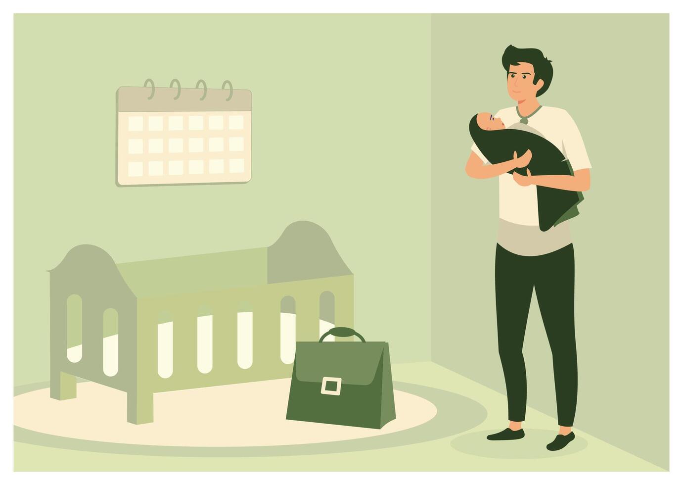 Paternity leave. Father Holding Baby Next to a Crib in a Cozy Nursery Setting. vector