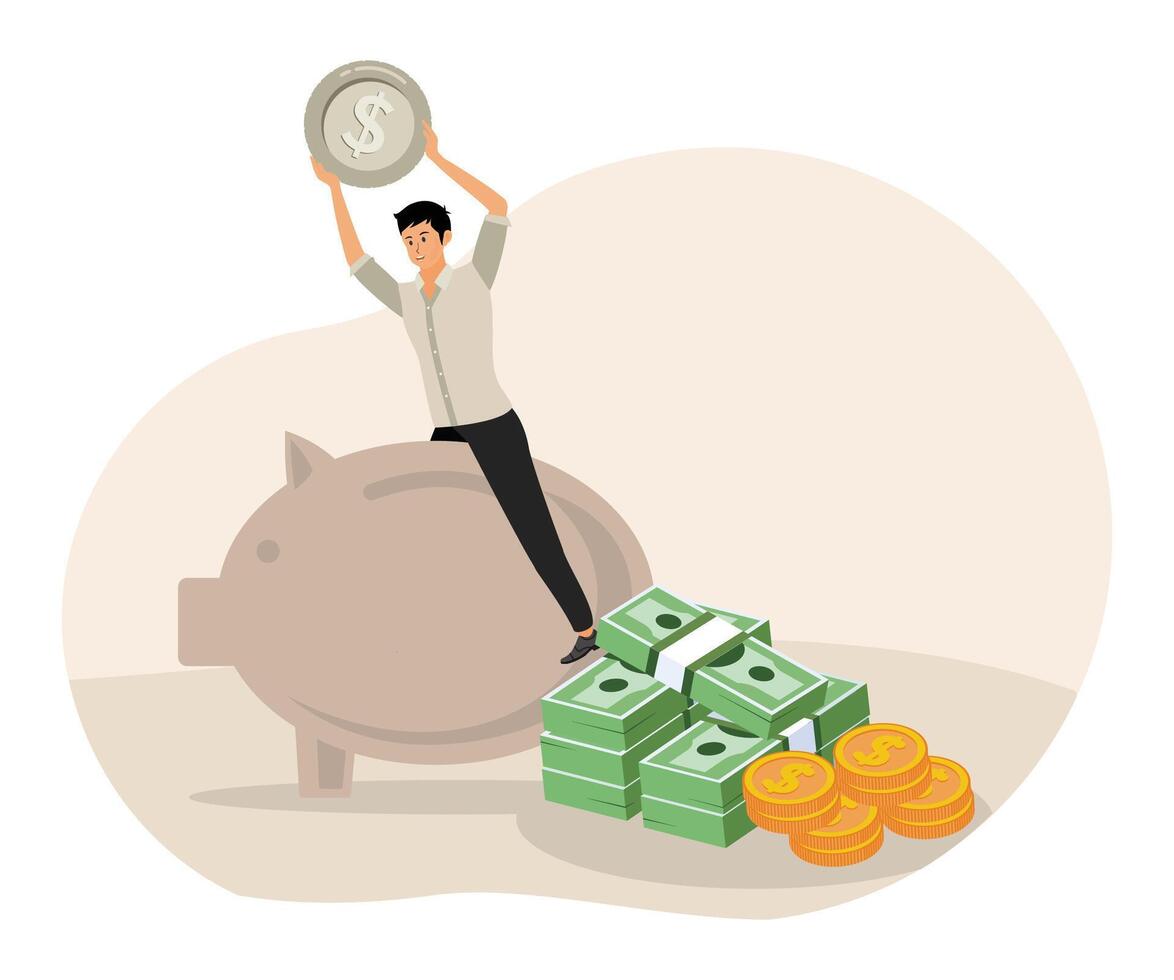 Investment. Man Sitting on Piggy Bank Displaying Financial Growth Concept. vector