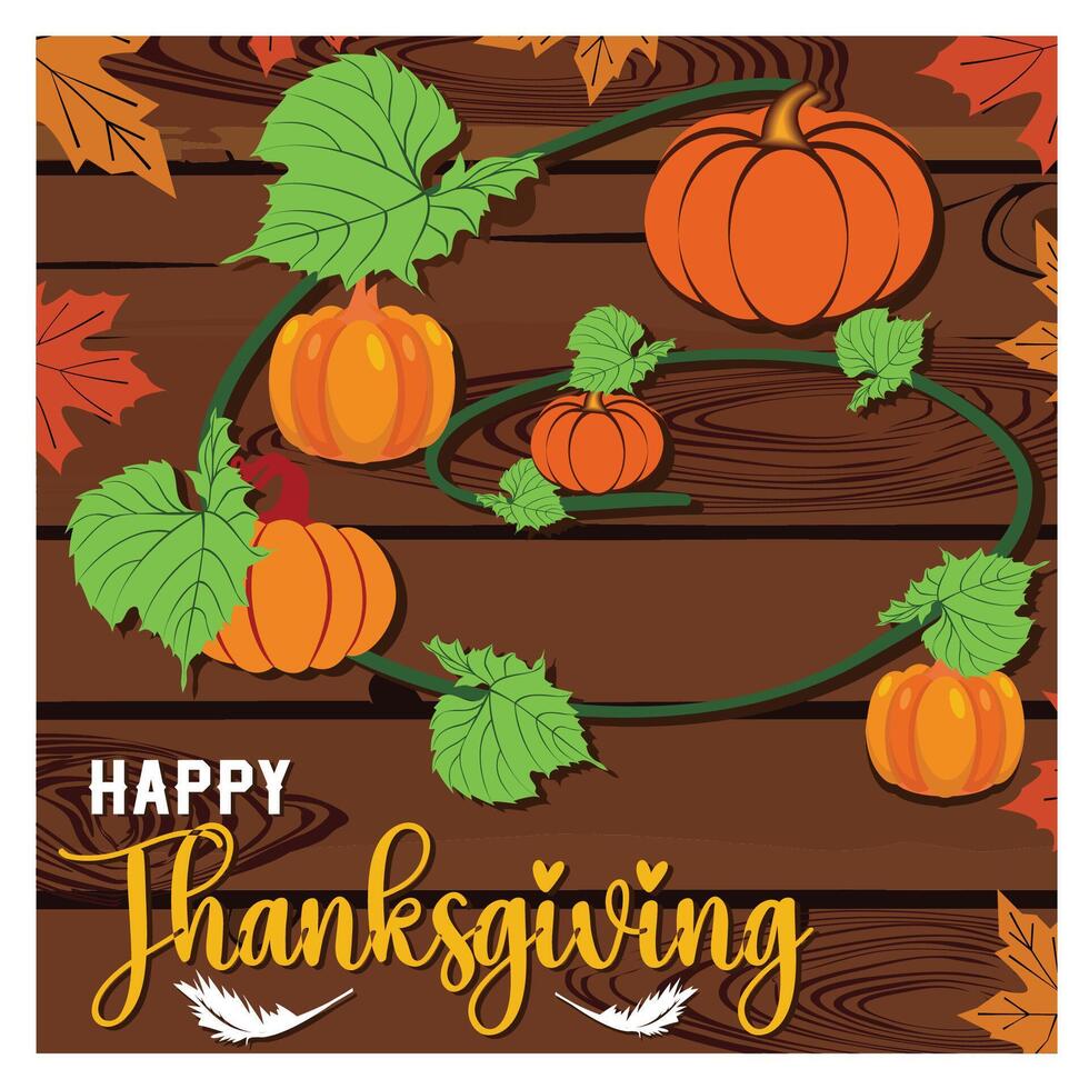Happy Thanksgiving text with pumpkins and leaves over wood background. vector