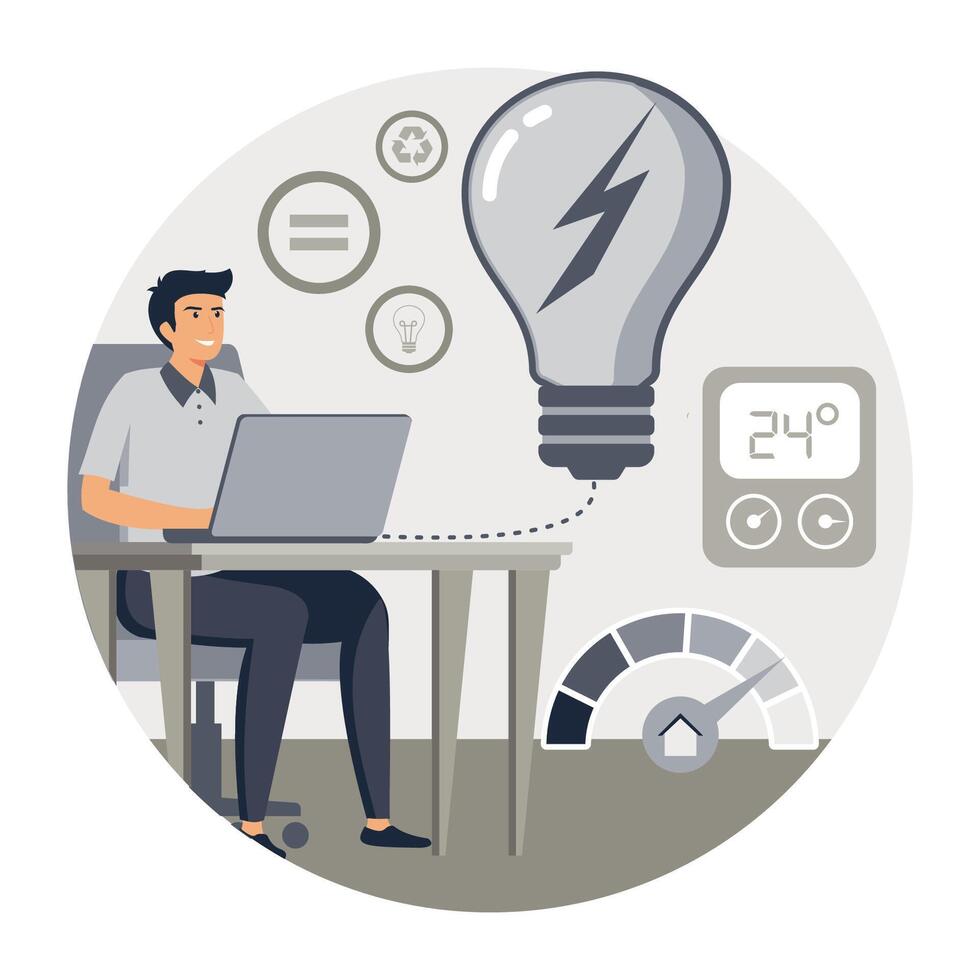 Sustainable fashion concept. Man Working on Laptop Surrounded by Energy Efficiency. vector