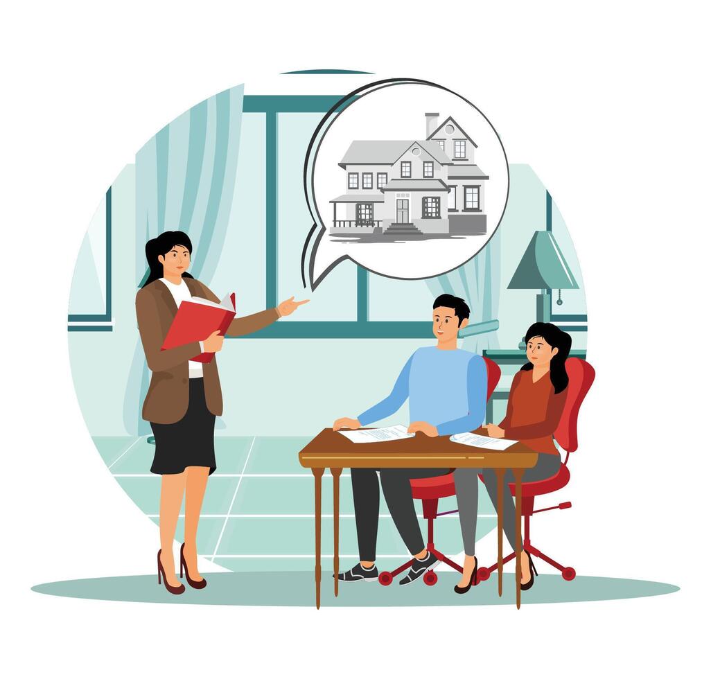 Signing contract. Couple buying property with broker. vector