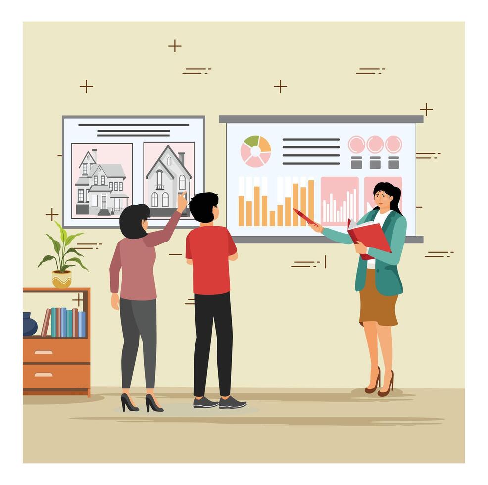 Consulting client. Real Estate Agent Presenting Market Analysis to Potential Home buyers. vector