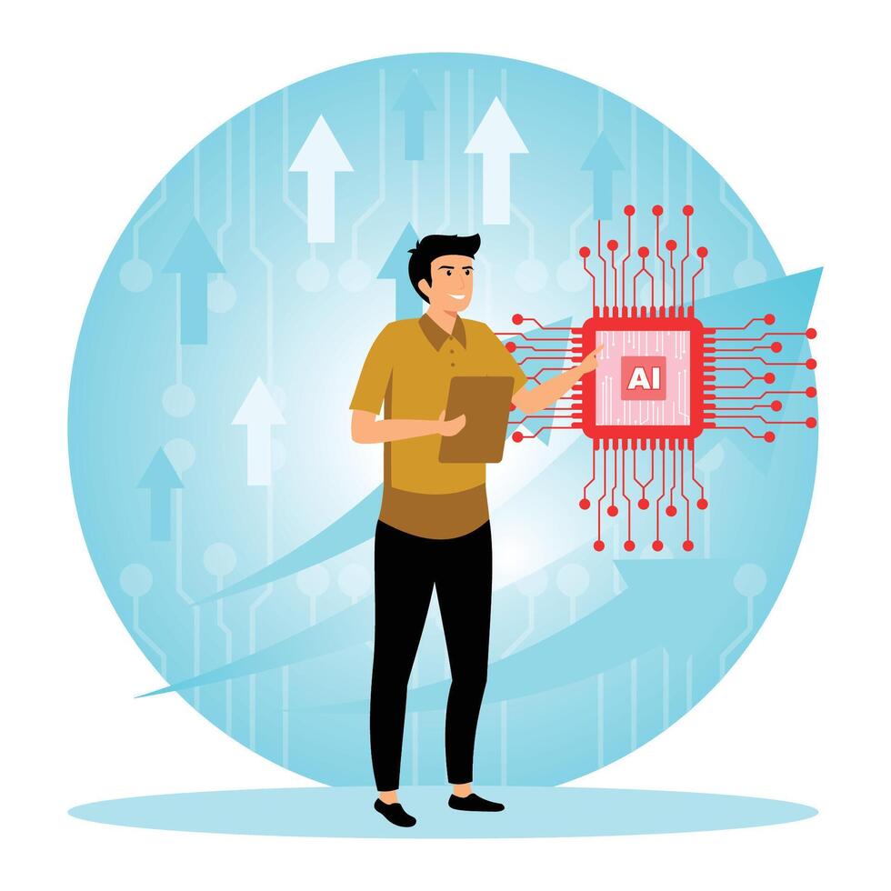 Artificial Intelligence and future economy. Person Interacting with Artificial Intelligence Technology. vector
