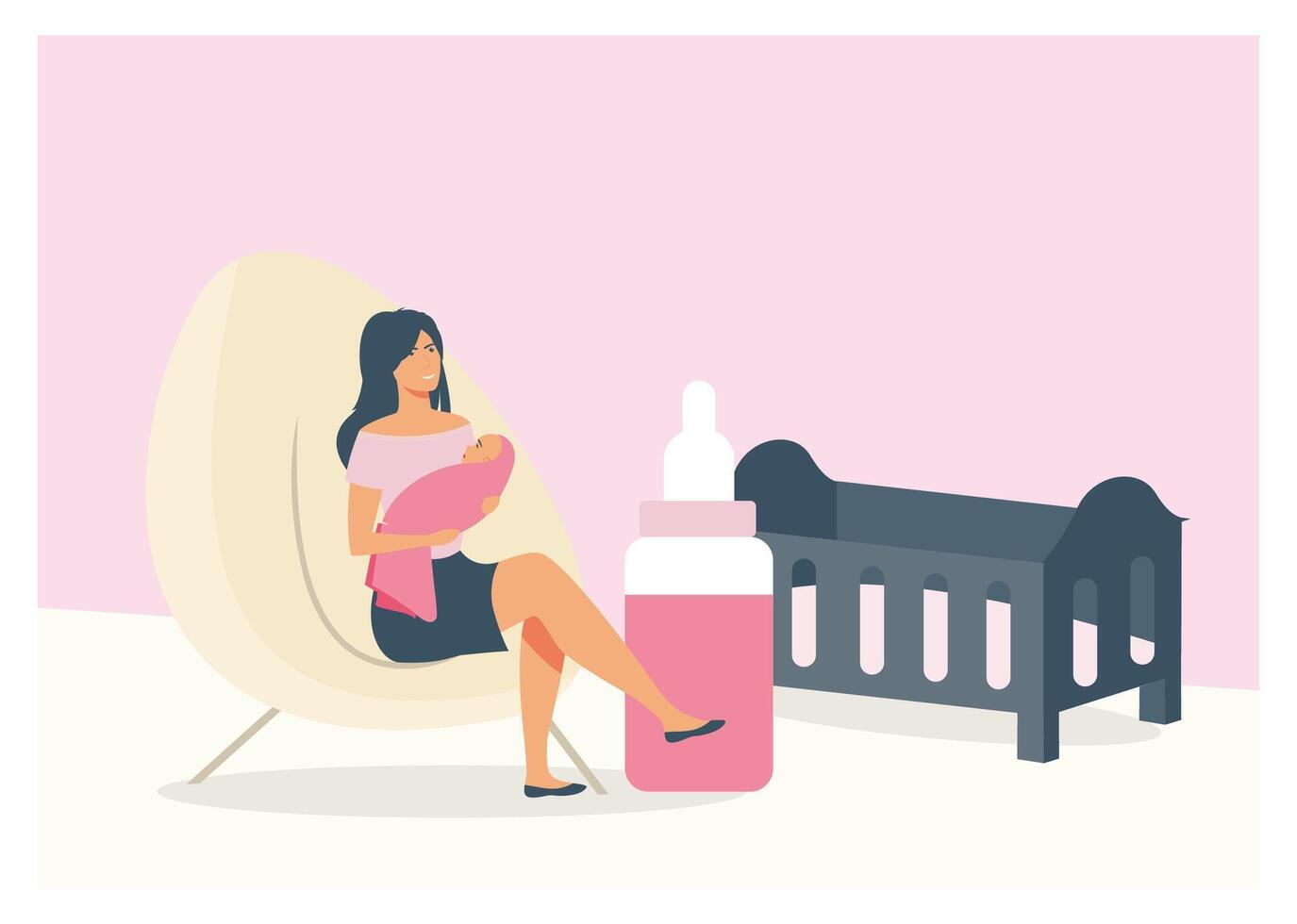 Mother Feeding Baby in Comfortable Chair by a Cradle Interior. vector