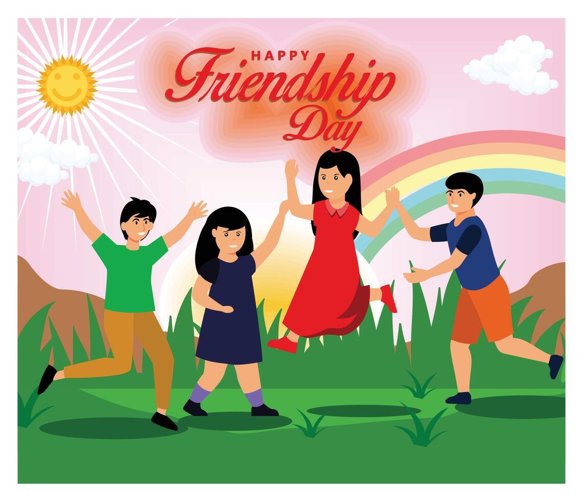 Friendship day. kids are Jumping and laughing, together happily. vector